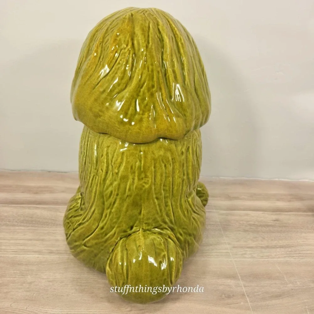 Vintage 1970s MCM Avacado Green Sheepdog Cookie Jar By Doranne of California
